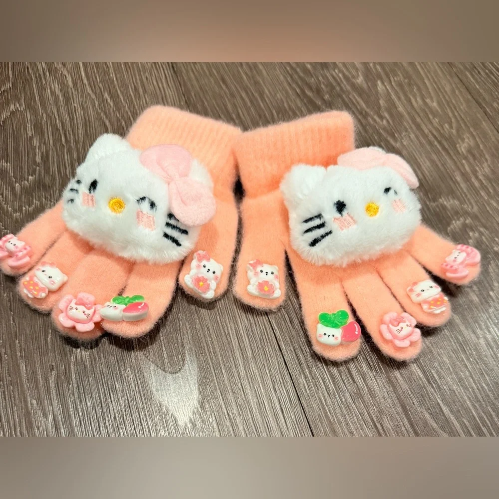 Sanrio hello Kitty knitted gloves with plush character faces and finger applique